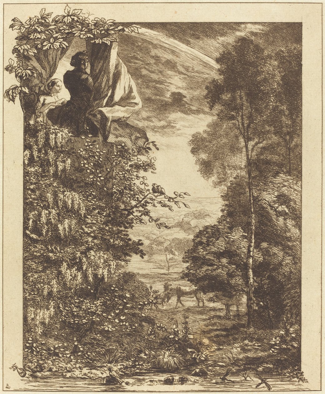 Eine Regenbogenlandschaft mit zwei Frauen, die sie von oben betrachten von Felix Bracquemond