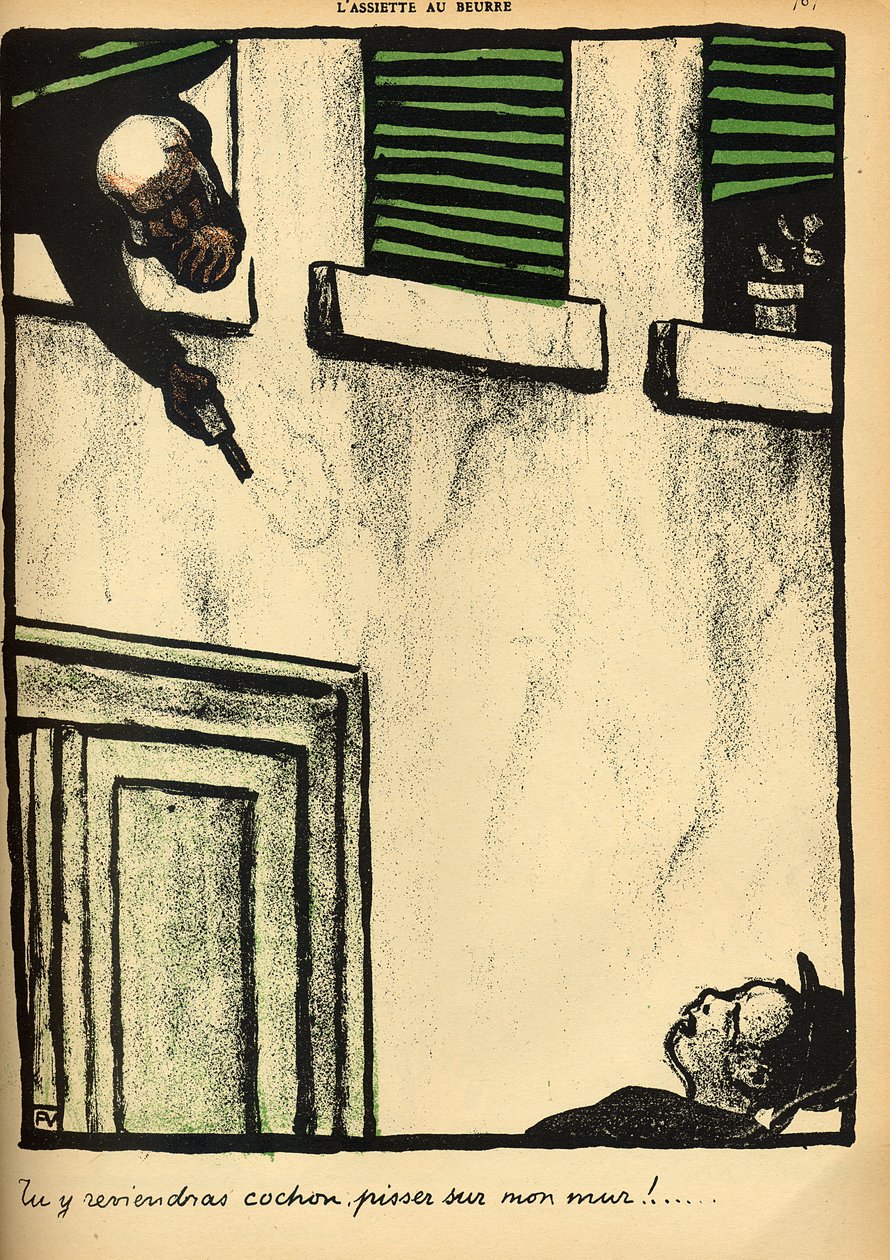 Ein Bürger schießt aus seinem Fenster auf einen Passanten, aus 