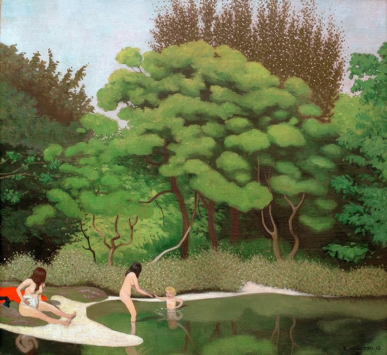 Waldlandschaft bei Sonnenschein, mit zwei Frauen und einem Kind von Felix Edouard Vallotton