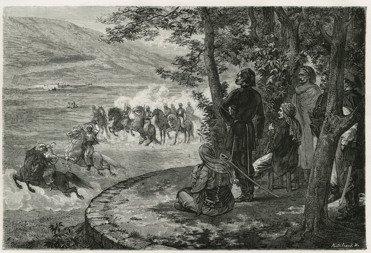 Das Rennen des Djerid, der Reiter startete mit einem kurzen Stock, der sowohl den Speer als auch das Gewehr darstellte; er schwenkte ihn über seinem Kopf, bevor er ihn wegwarf, Gravur von F. Regamey, zur Illustration der Geschichte Les Ansaries von Leon Ca von Felix Elie Regamey