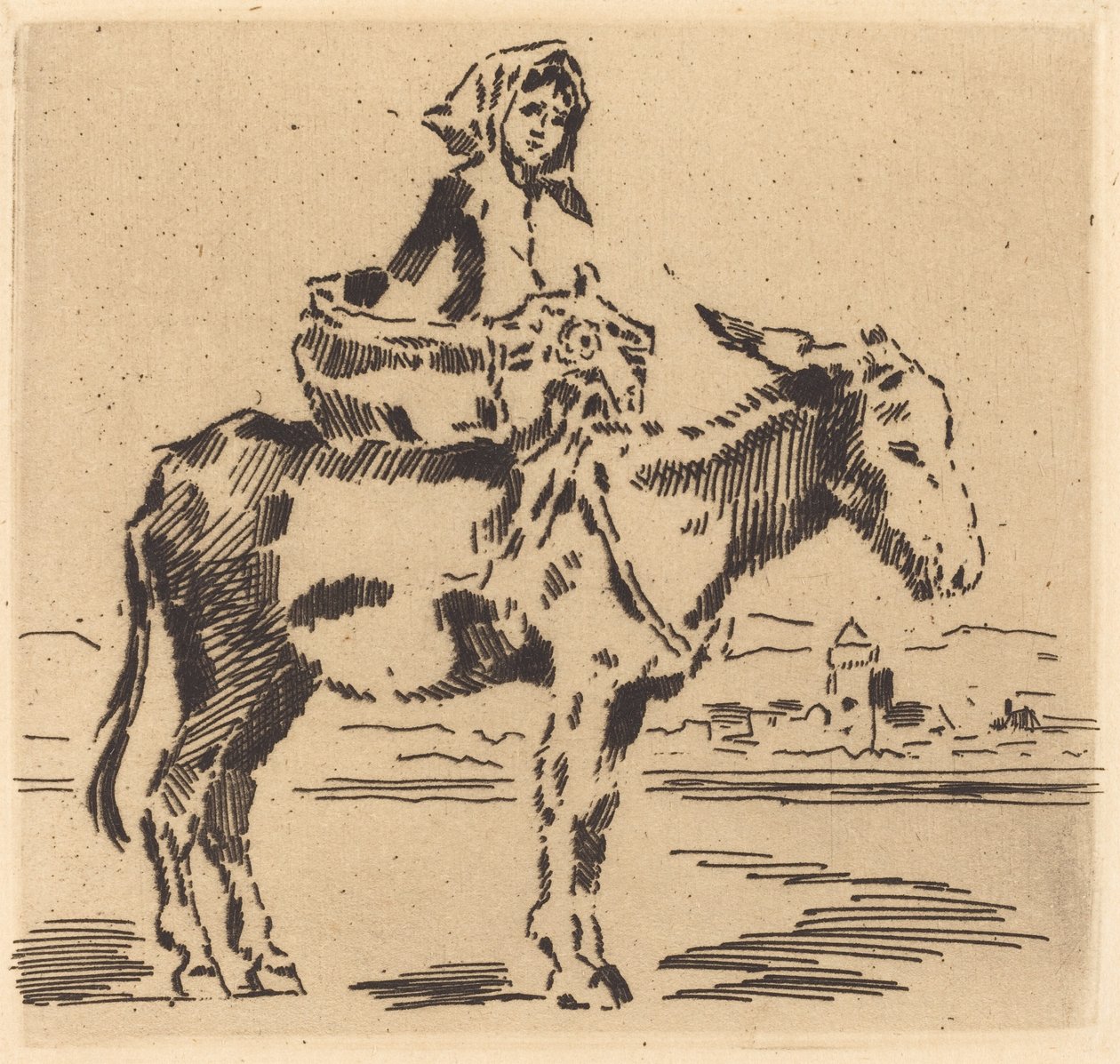 Frau reitet auf einem Esel in der Nähe eines Turms von Felix Hilaire Buhot