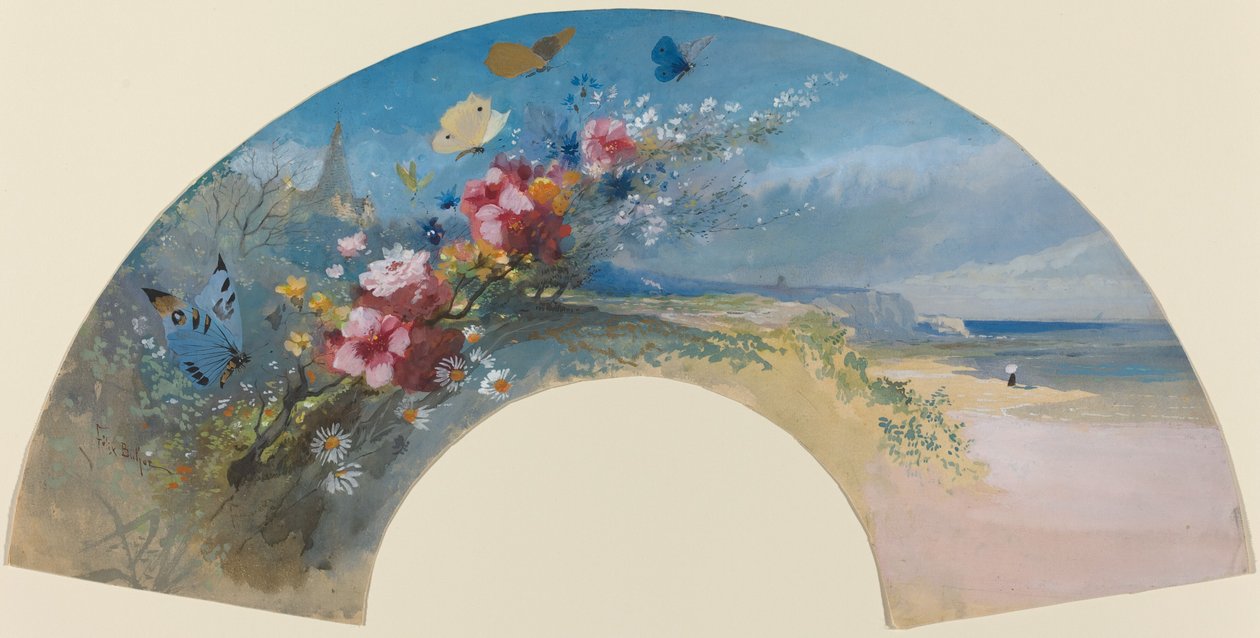 Fächer mit Wildblumen und Schmetterlingen an der normannischen Küste von Felix Hilaire Buhot