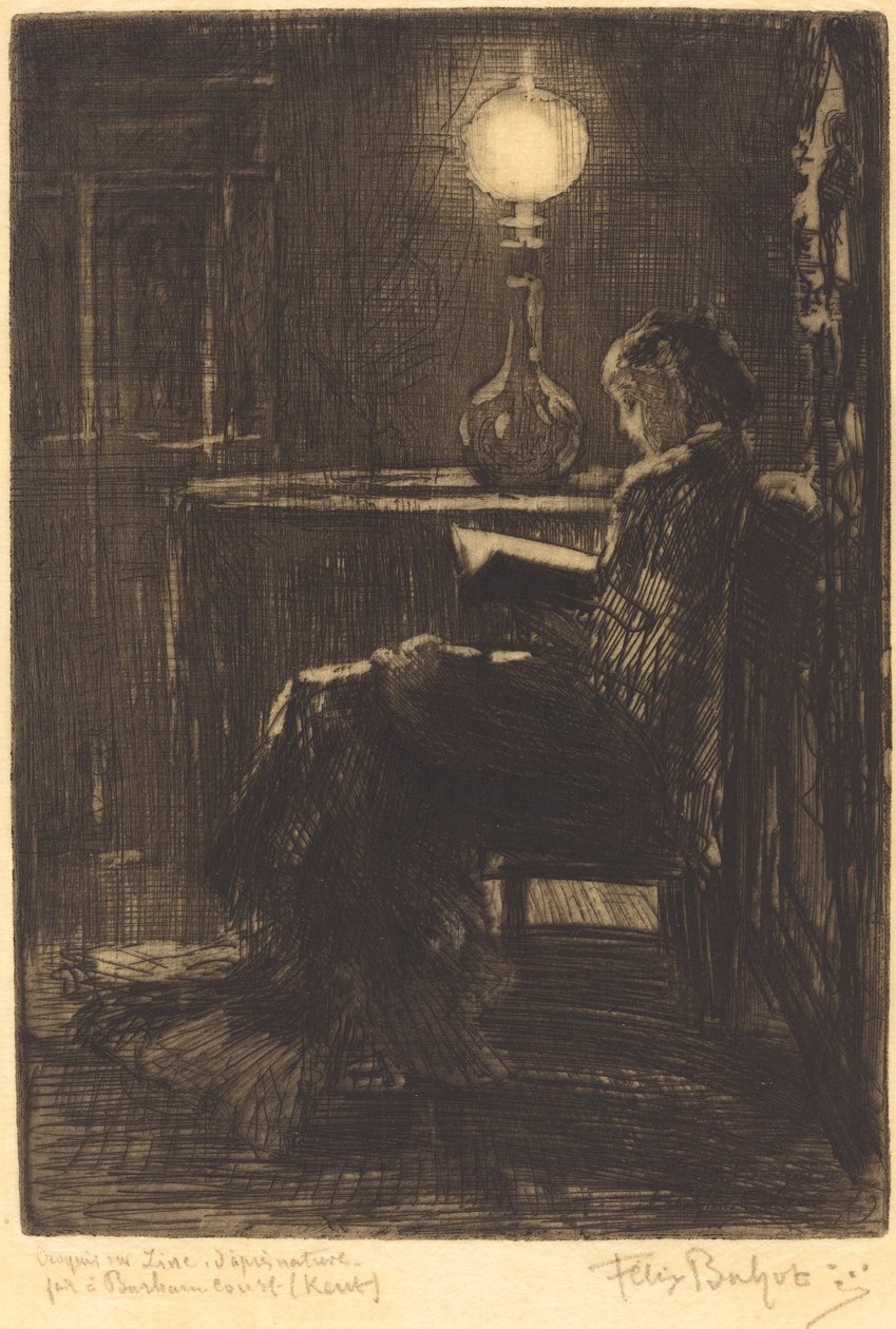 Liseuse à la Lampe Frau, die bei Lampenlicht liest, 1879 von Felix Hilaire Buhot