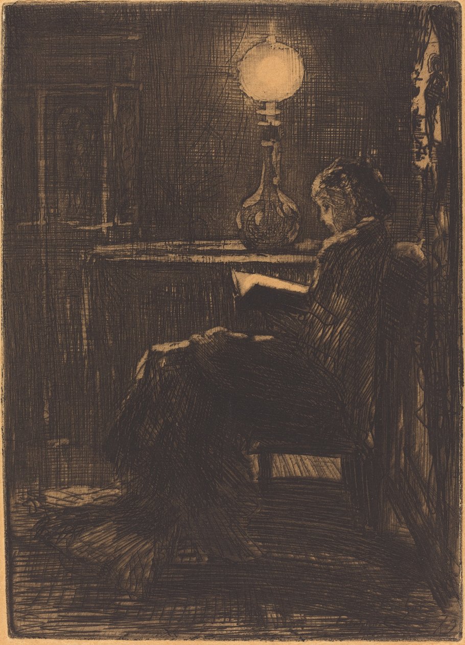 Frau, die bei Lampenlicht liest von Felix Hilaire Buhot