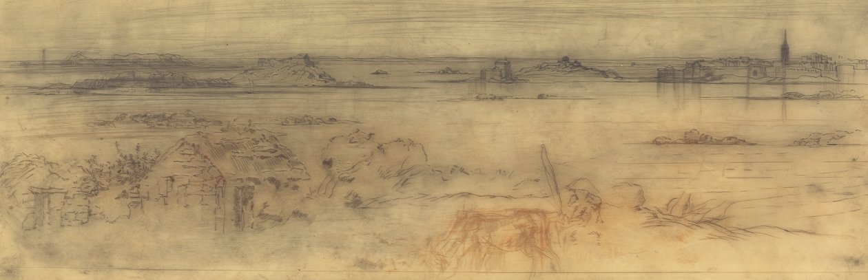 Meereslandschaft mit befestigter Stadt rechts, Inseln links und Hütte im Vordergrund von Felix Hilaire Buhot