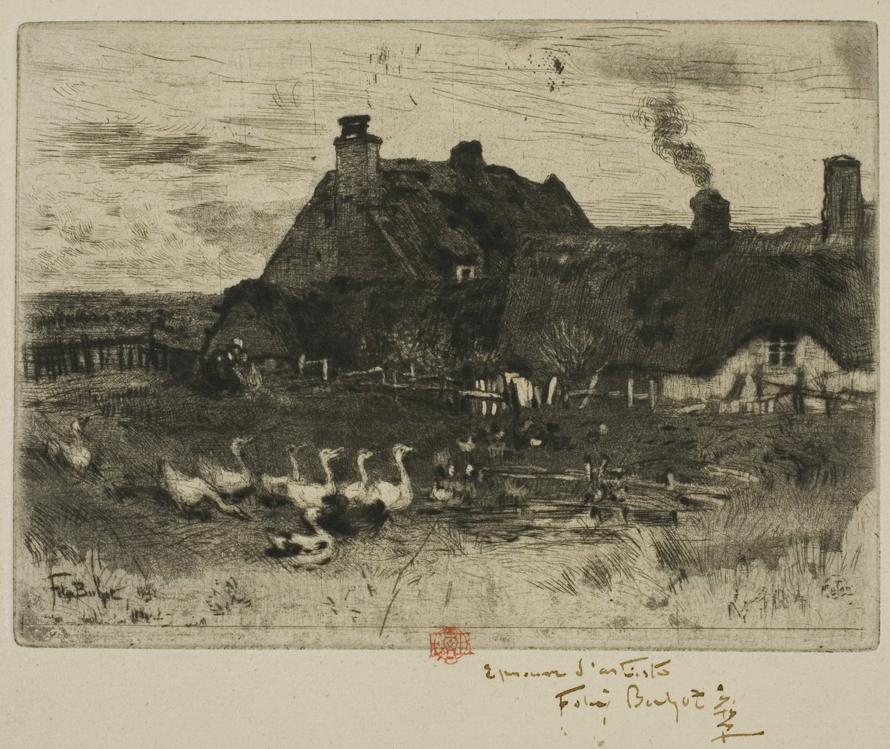 Die kleinen strohgedeckten Hütten von Felix Hilaire Buhot