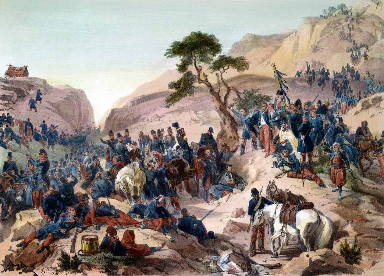 Episode der Eroberung Algeriens im Jahr 1840 - Schlacht am Mouzaia-Pass (1840) - Der Herzog von Orleans übt das Kommando in der französischen Armee aus - Gravur von Philippoteaux - Die französische Armee gewinnt die Schlacht um den Bergpass von Mouzaia am  von Felix Philippoteaux