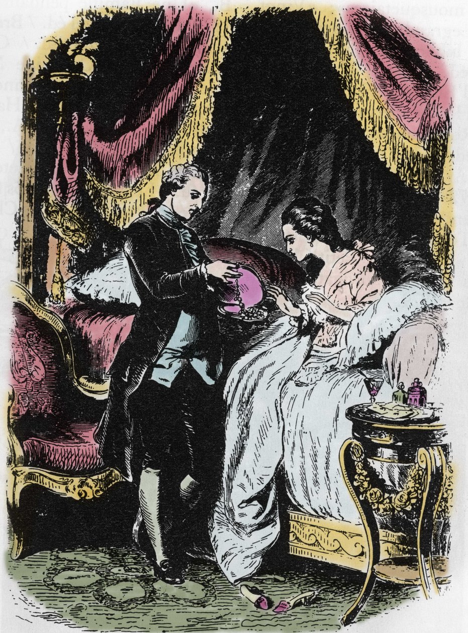 Der Likör der Königin inspiriert den Halsbandfall. Zeichnung von Félix Philippoteaux (1815-1884) für Alexandre Dumas
