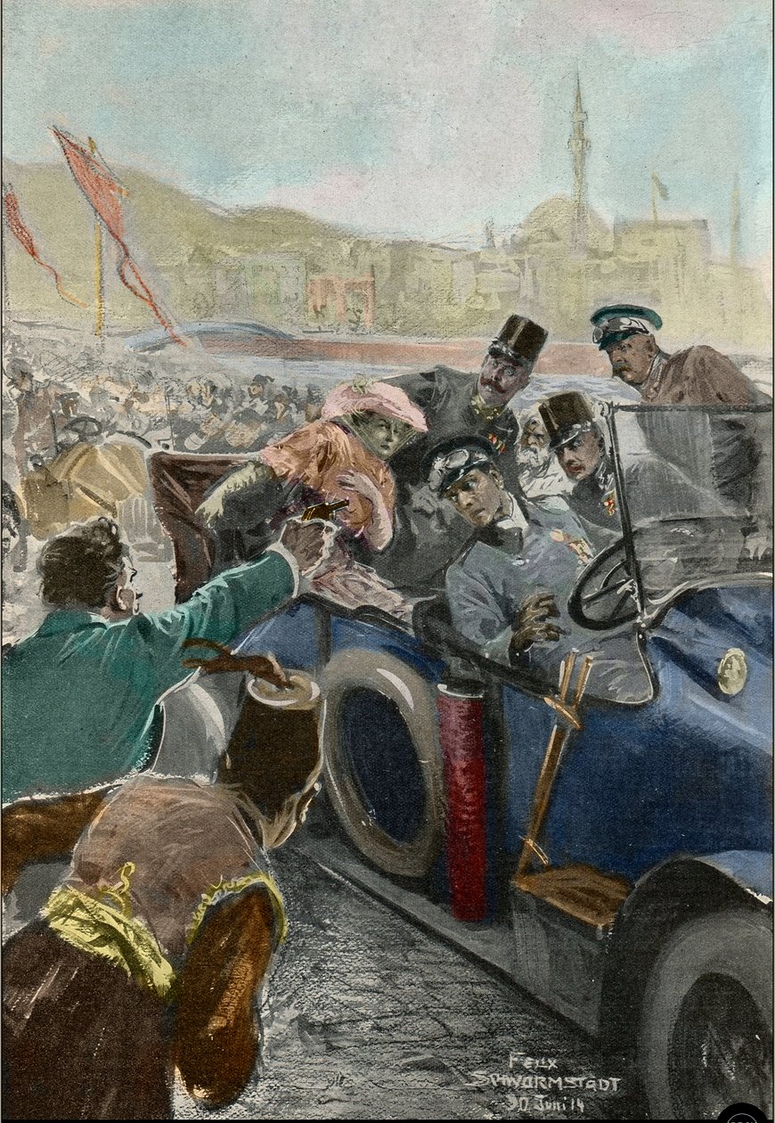 Ermordung von Franz Ferdinand (1863-1914), Erzherzog von Österreich, und seiner Frau Sophie in Sarajevo (Gravur) von Felix Schwormstadt