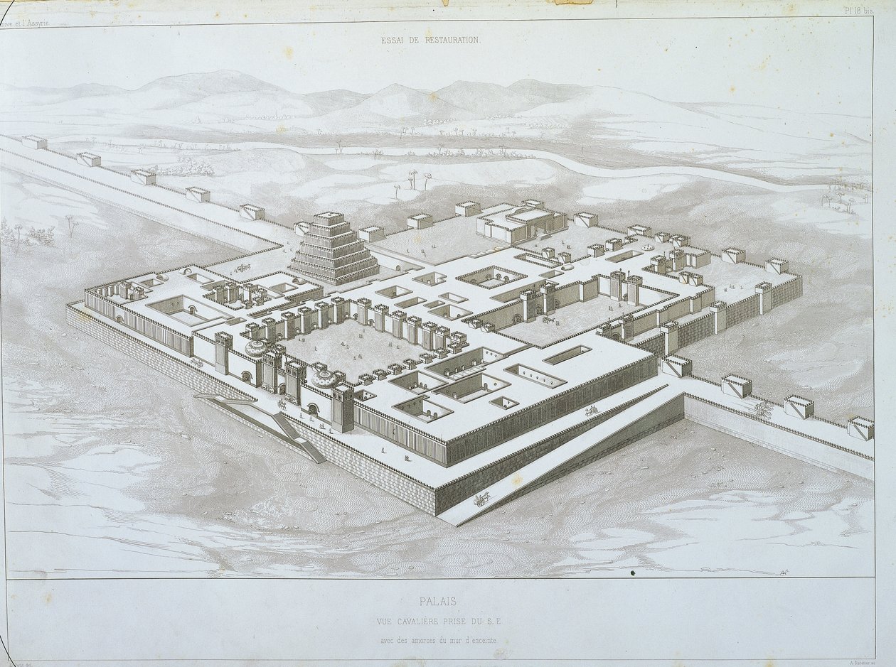 Khorsabad-Palast, historische Ansicht von Südosten mit einem Teil der befestigten Mauern, Illustration aus 
