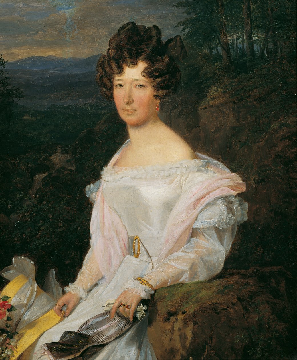Dame in weißem Kleid vor einer Wienerwaldlandschaft von Ferdinand Georg Waldmuller