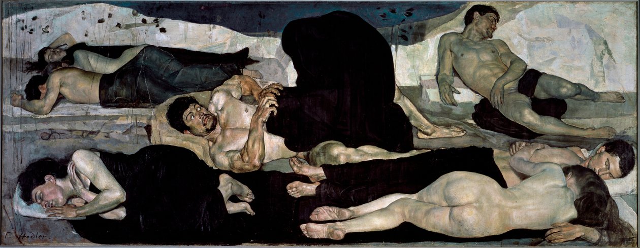 In der Nacht, Gruppe nackter Schläfer, einer von ihnen inmitten eines Albtraums von Ferdinand Hodler
