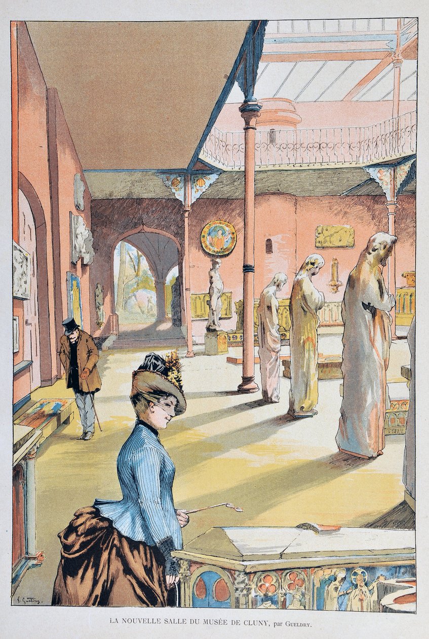 Der neue Saal des Museums des Mittelalters von Cluny in Paris 1887, von Ferdinand Joseph GUELDRY (1858-1945). Gravur von 1887 in „Paris-Illustrierte Wochenzeitung“. von Ferdinand Joseph Gueldry
