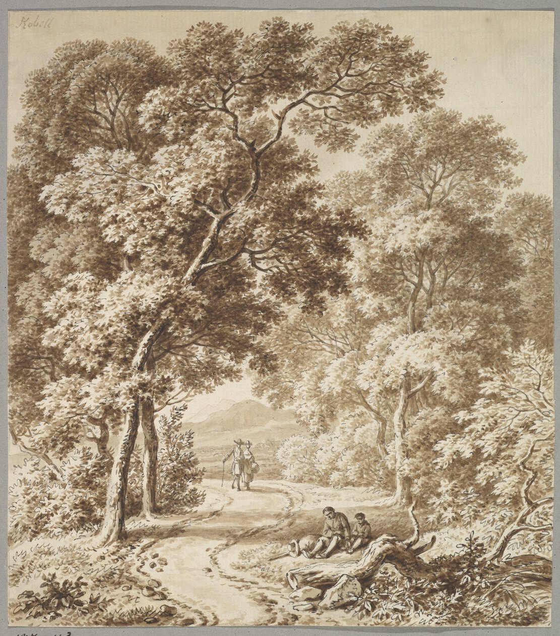Ein von Bäumen gesäumter Weg mit zwei Bettlern und einem spazierenden Paar von Ferdinand Kobell