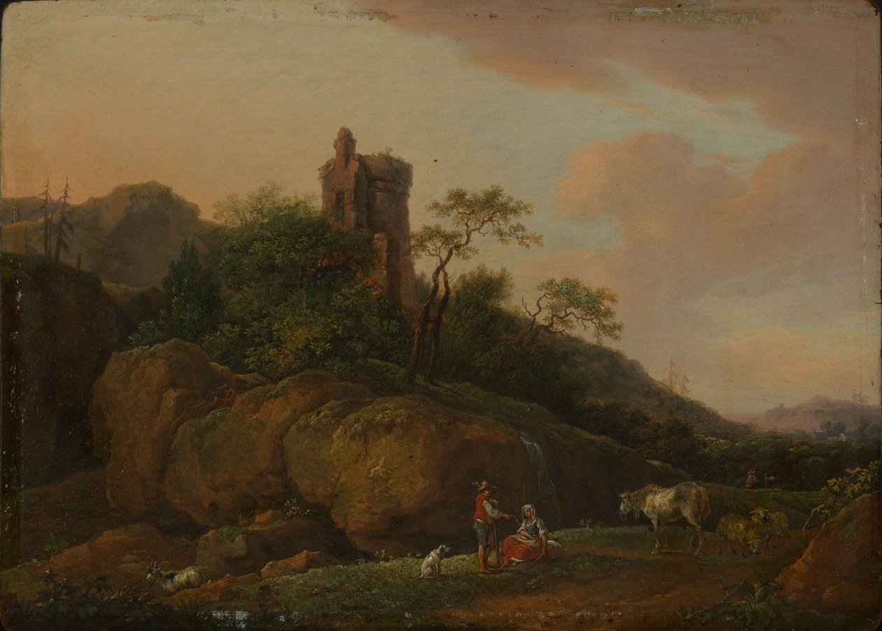 Burgruine mit Hirten und Herde von Ferdinand Kobell
