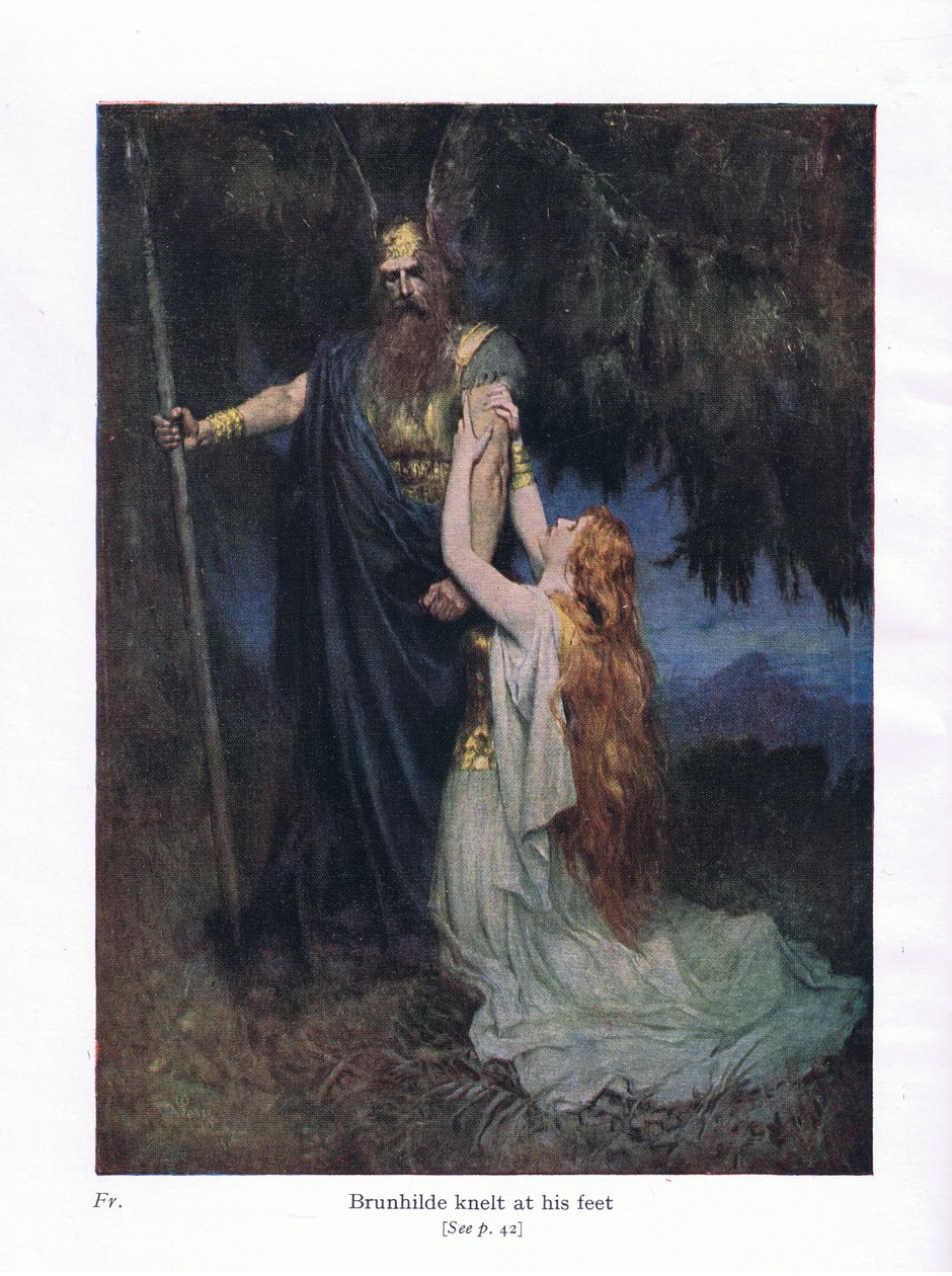 Brunhilde kniete zu seinen Füßen, Illustration aus Die Geschichten von Wagners Opern, veröffentlicht von George Harrap & Co Ltd, 1932 von Ferdinand Lecke