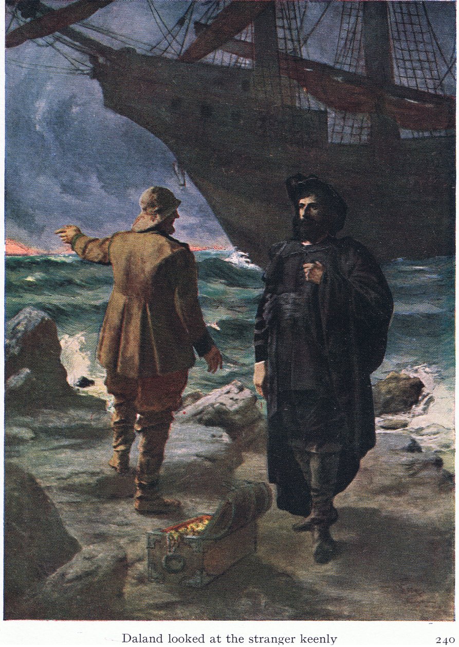 Daland betrachtete den Fremden aufmerksam, Illustration aus Die Geschichten von Wagners Opern, veröffentlicht von George Harrap & Co Ltd, 1932 von Ferdinand Lecke