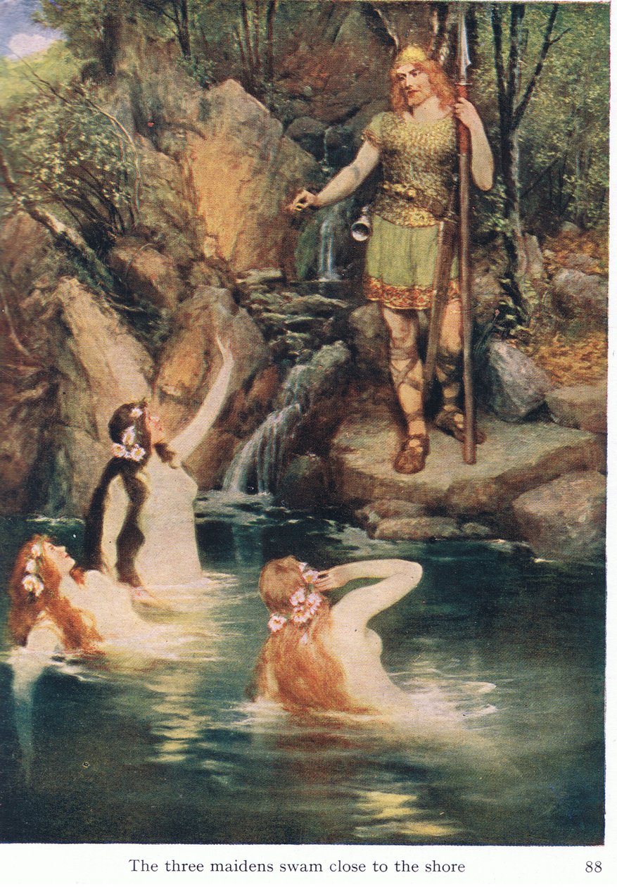 Die drei Jungfrauen schwammen nahe ans Ufer, Illustration aus Die Geschichten von Wagners Opern, veröffentlicht von George Harrap & Co Ltd, 1932 von Ferdinand Lecke