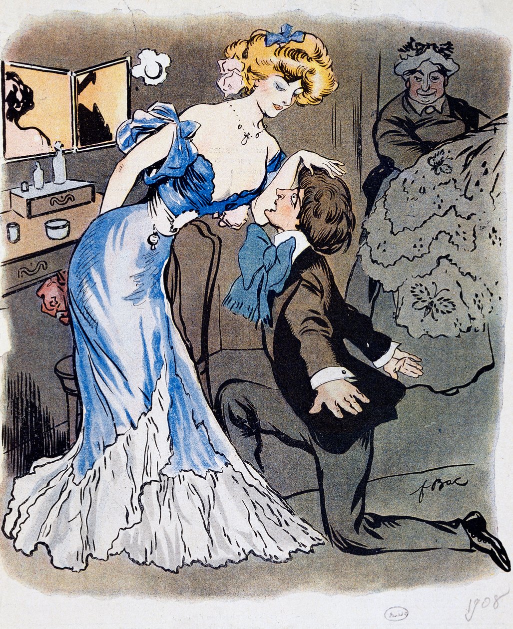 Les Demi-mondaines, Dichter Innamorato, Karikatur 1908 von Ferdinand Sigismund Bac