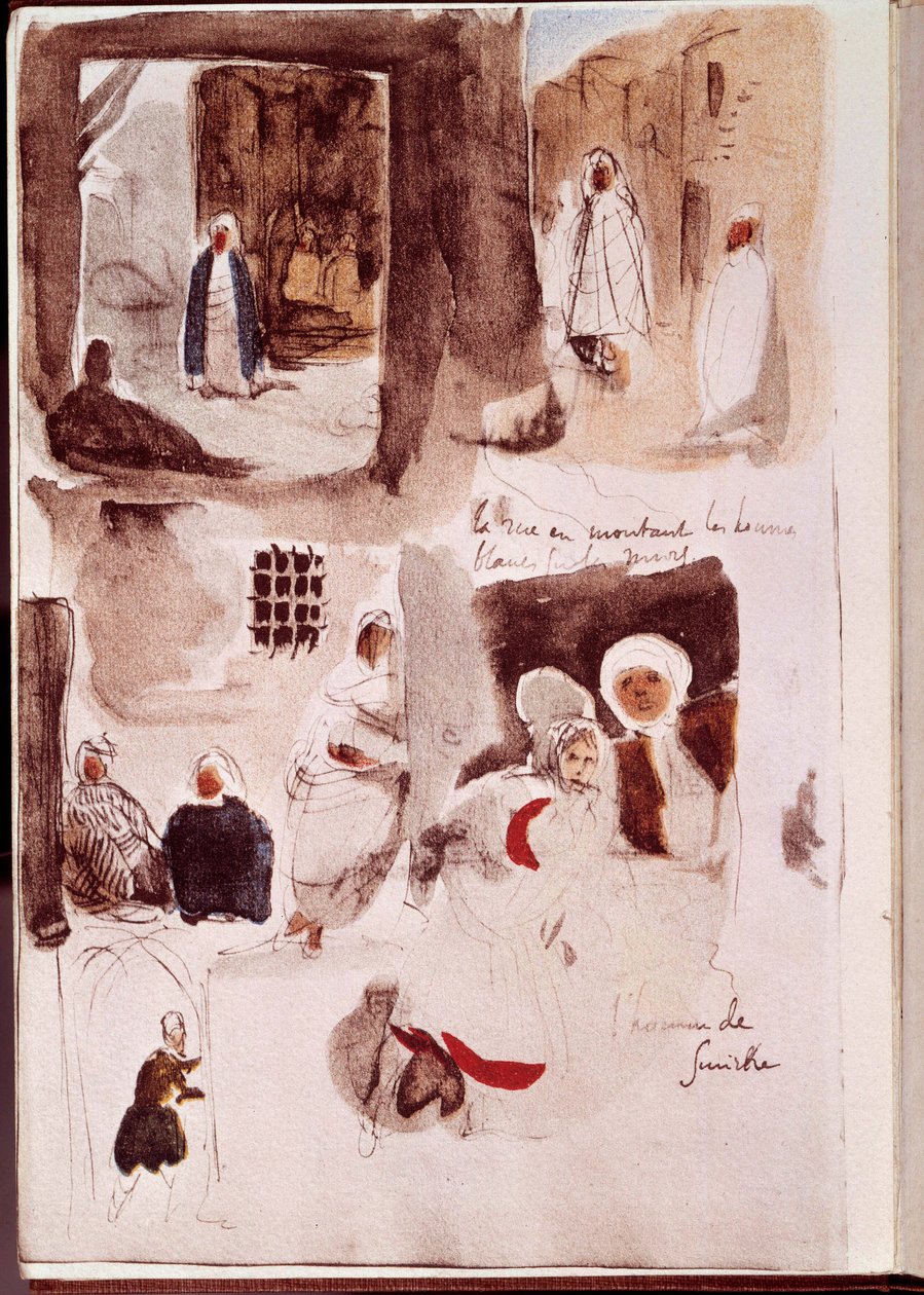 Album aus Nordafrika und Spanien: Straßen, Mauern und Geschäfte mit stehenden oder sitzenden Figuren von Ferdinand Victor Eugene Delacroix