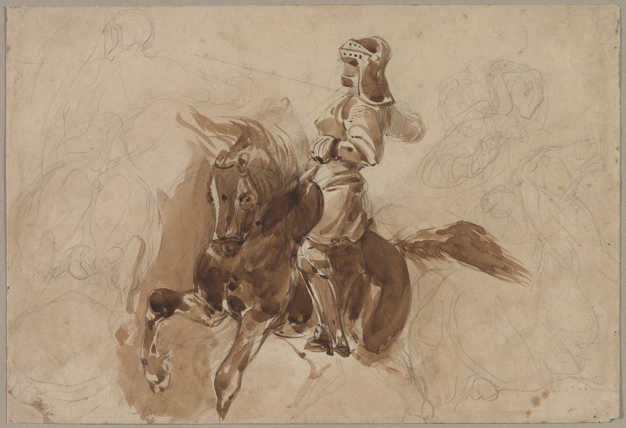 Gepanzerte Figur zu Pferd recto, Pferd vor einer Scheune verso, um 1828 von Ferdinand Victor Eugene Delacroix