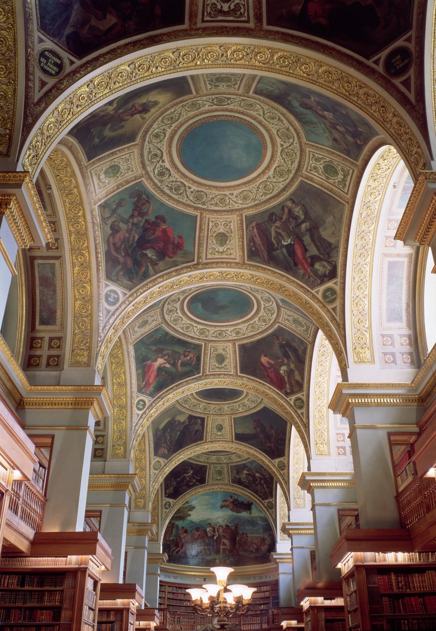 Ansicht der Kassettendecke der Bibliothek mit vergoldetem Stuckrahmen, der Zwickel mit biblischen und klassischen Szenen umrahmt, 1844 von Ferdinand Victor Eugene Delacroix
