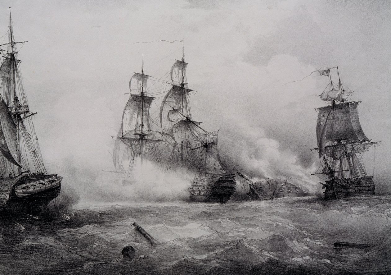 Kampf zwischen britischen und amerikanischen Dreideckern mit 74 Kanonen, Lithographie von Ferdinand Perrot von Ferdinand Victor Perrot