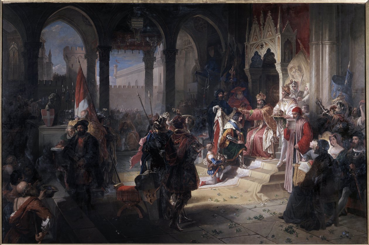 Amadeus VIII. der Friedliche (Amedeo VIII il pacifico) (1383-1451) wurde am 19.02.1416 von Kaiser Sigismund I. des Heiligen Römischen Reiches während seines Besuchs in Chambéry zum Herzog von Savoyen gekrönt. Gemälde von Ferdinando Cavalleri (1794-1865) Ch von Ferdinando Cavalleri