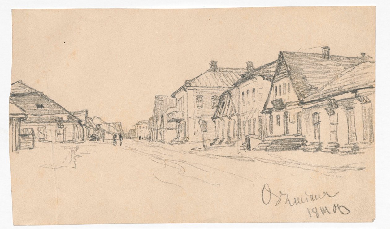 Straße in Oszmiana; Rückseite: Türskizze von Ferdynand Ruszczyc