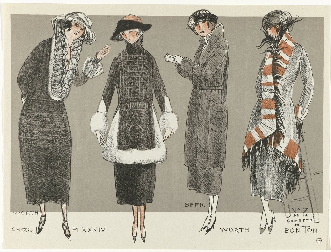 Gazette du Bon Ton, 1920 - Nr. 7, Croquis Pl XXXIV: Worth / Beer / Worth von Fernand Siméon