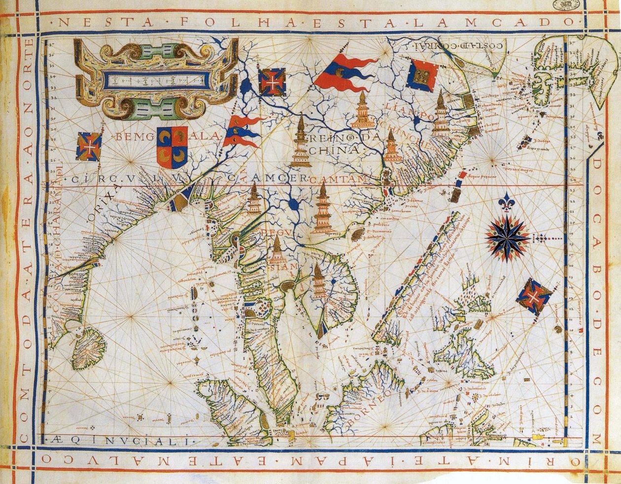 Flugkarte, Vor-Mercator-Karte von 1571 des portugiesischen Kartographen Fernao Vaz Dourado (ca. 1520-ca. 1580). Karte von Ostindien, Bucht von Bengalen, Südostasien, Thailand, Borneo und Japan. Der Wendekreis des Krebses ist benannt. von Fernao Vaz Dourado