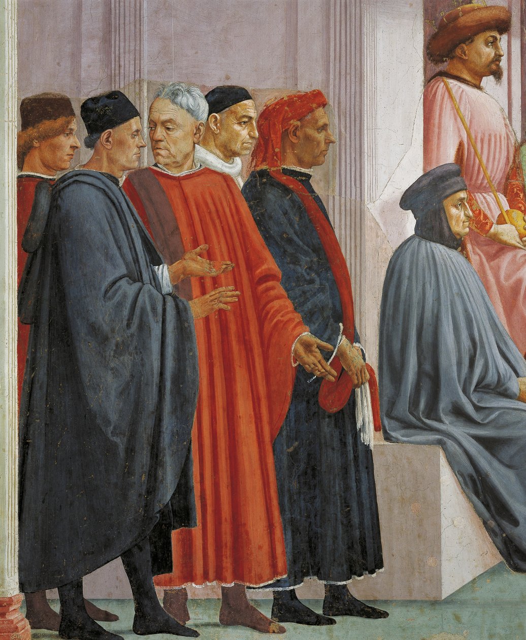 Männer in mittelalterlicher Kleidung, Detail aus Die Auferweckung des Sohnes des Theophilus, von Tommaso Masaccio, Fresko von Filippino Lippi