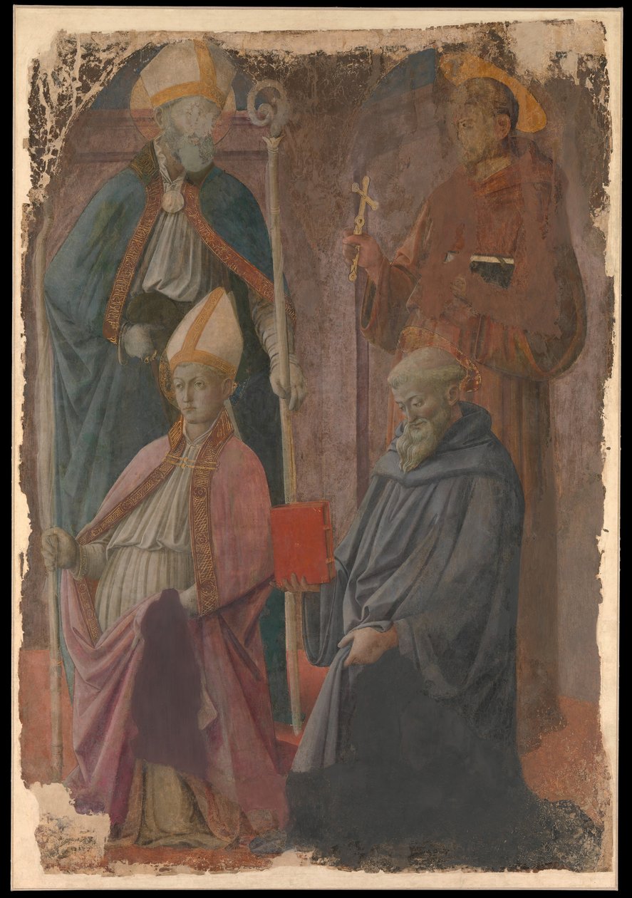 Heilige Augustinus und Franziskus, ein Bischofheiliger und Heiliger Benedikt von Filippo Lippi