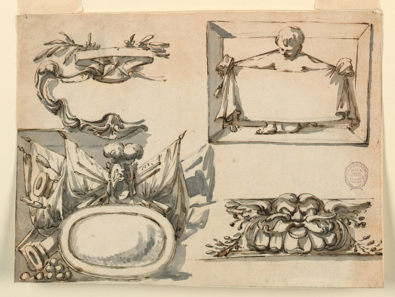 Ein Wappen, eine Trophäe, ein Etikett, ein dekoratives Motiv für ein Fries, 1750–1775 von Filippo Marchionni