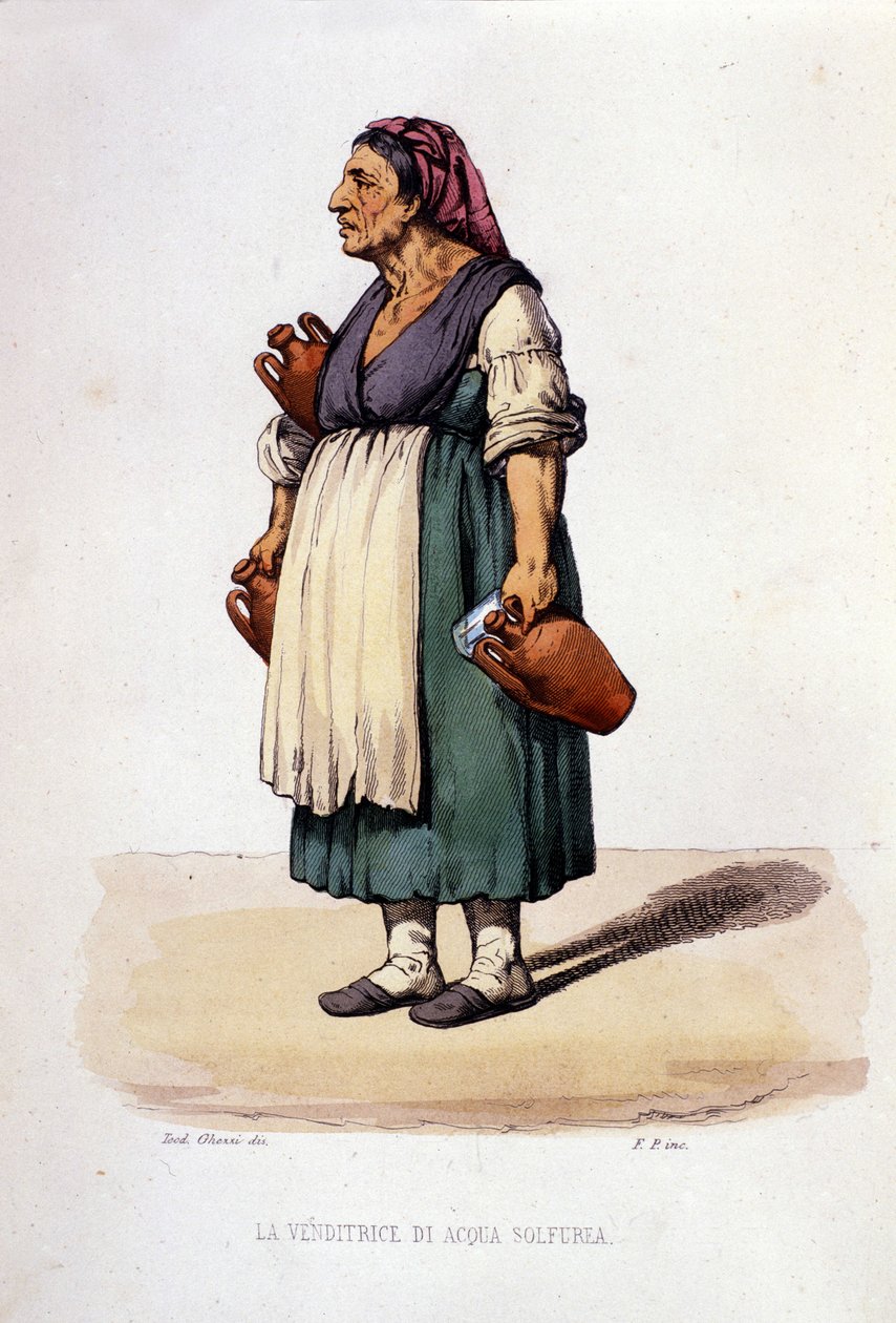 Kleingewerbe der Stadt Neapel: wandernde Verkäuferin von Schwefelwasser. Gravur nach einem Gemälde von F. Palizza. Aus einem Werk von Francesco de Bourcard „Costumi del regno di Napoli“ von Filippo Palizzi