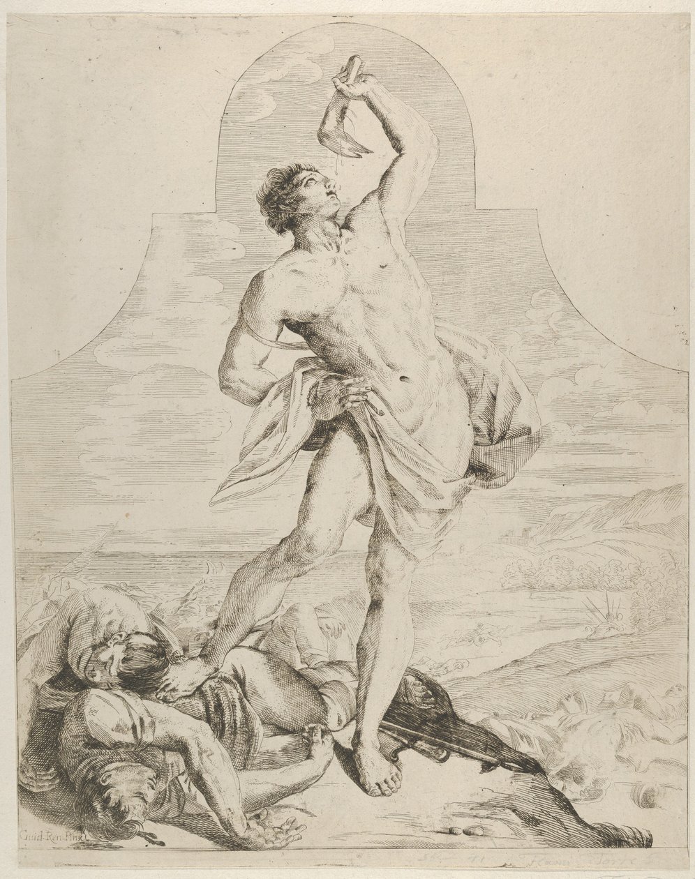 Samson hält den Kieferknochen eines Esels über seinem Kopf und steht neben den Philistern von Flaminio Torre