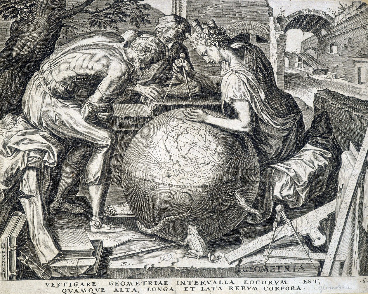 Charaktere, die sich über den Globus beugen mit Kompass (Allegorie der Geometrie) - Gravur, Flandern von Flemish School