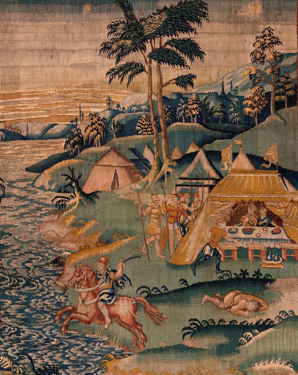 Flämischer Wandteppich. Militärlager am Fluss Granikos. Atelier von Oudenaarde. 377x393cm. Inv 83104-9 /00011. 17. Jahrhundert. von Flemish School