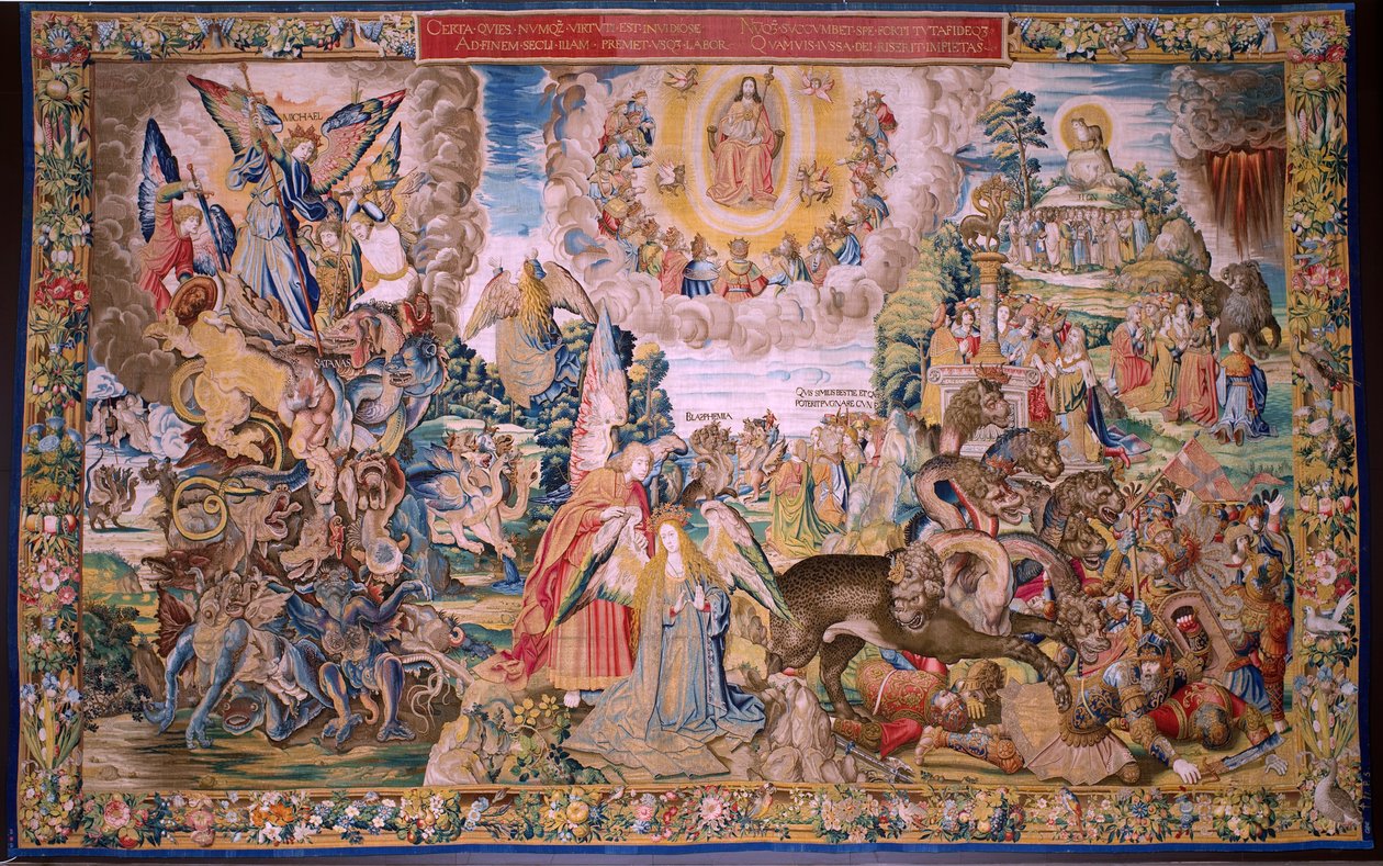 Flämischer Wandteppich. Serie Die Apokalypse: Der heilige Michael besiegt den Drachen. Atelier Willem Dermoyen, Brüssel. Ca. 1553-1555 von Flemish School