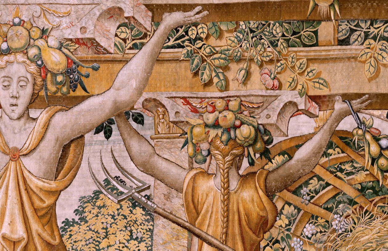 Flandrischer Wandteppich. Serie Vertumnus und Pomona. Nr. II Vertumnus verwandelt sich in einen Bauern. Modelle aus dem Kreis von Pieter Coecke Van Aelst und Léonard Thiry. Atelier unbekannt, Brüssel. von Flemish School