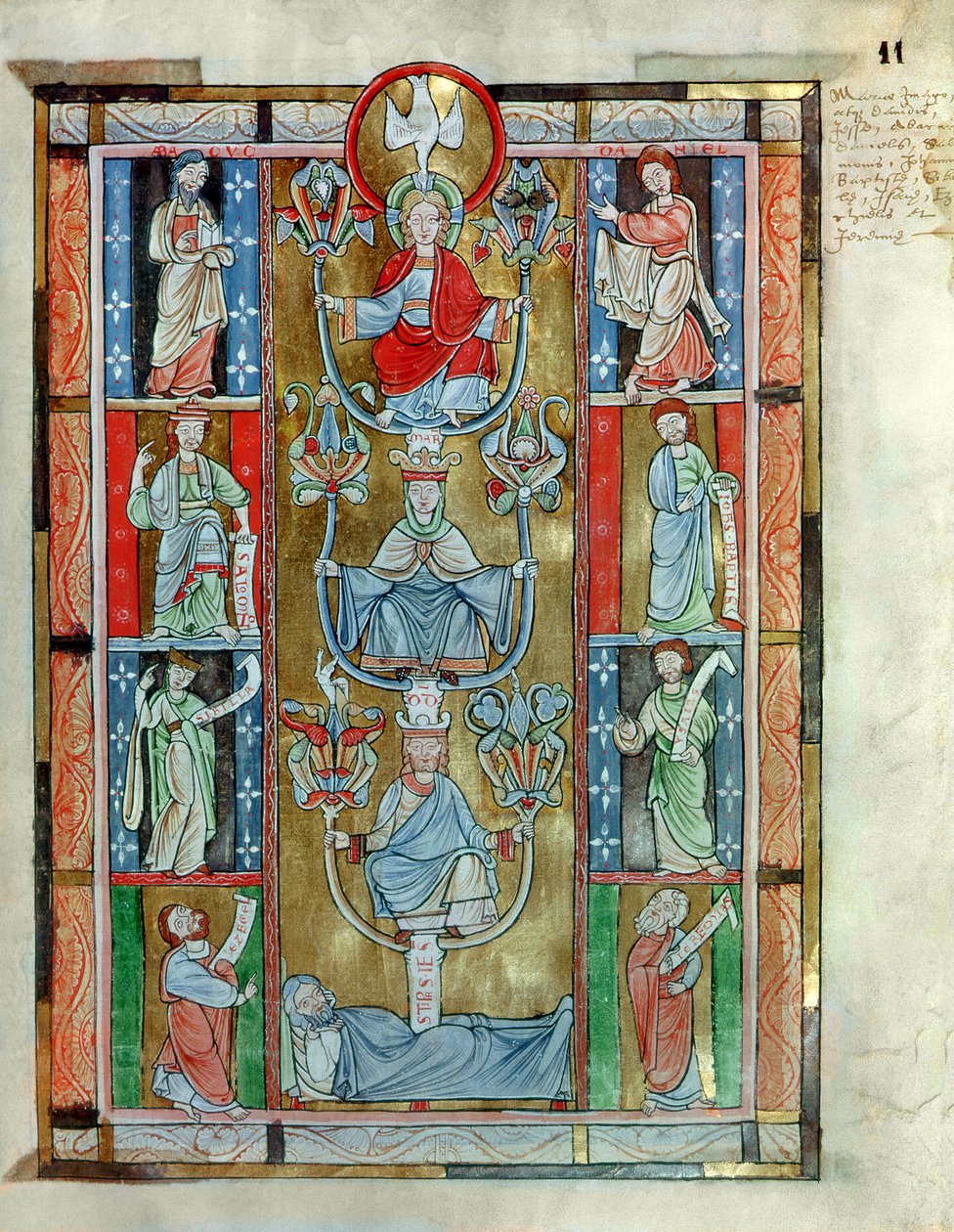 Ms 340 fol.11r Der Jessebaum, aus De Laudibus Sancte Crucis von Rabanaus Maurus (ca. 780-856) aus der Abtei Anchin von Flemish School