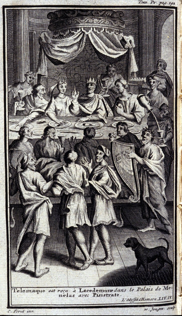 Telemach wird in Lakedaimon im Palast von Menelaos mit Pisistratos empfangen. Illustration für Buch IV der Odyssee von Homer, veröffentlicht in Amsterdam 1731, Mailand von Flemish School