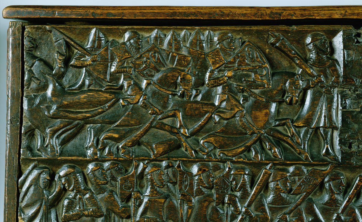 Die Courtrai-Truhe, die zwei Szenen aus der Schlacht der Goldenen Sporen in Courtrai 1302 darstellt (Detail) von Flemish School