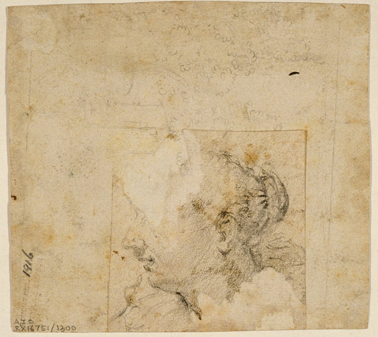 Weiblicher Kopf im Profil nach links; Skizze von Bäumen und Gebäude von Follower of Jacopo Bassano