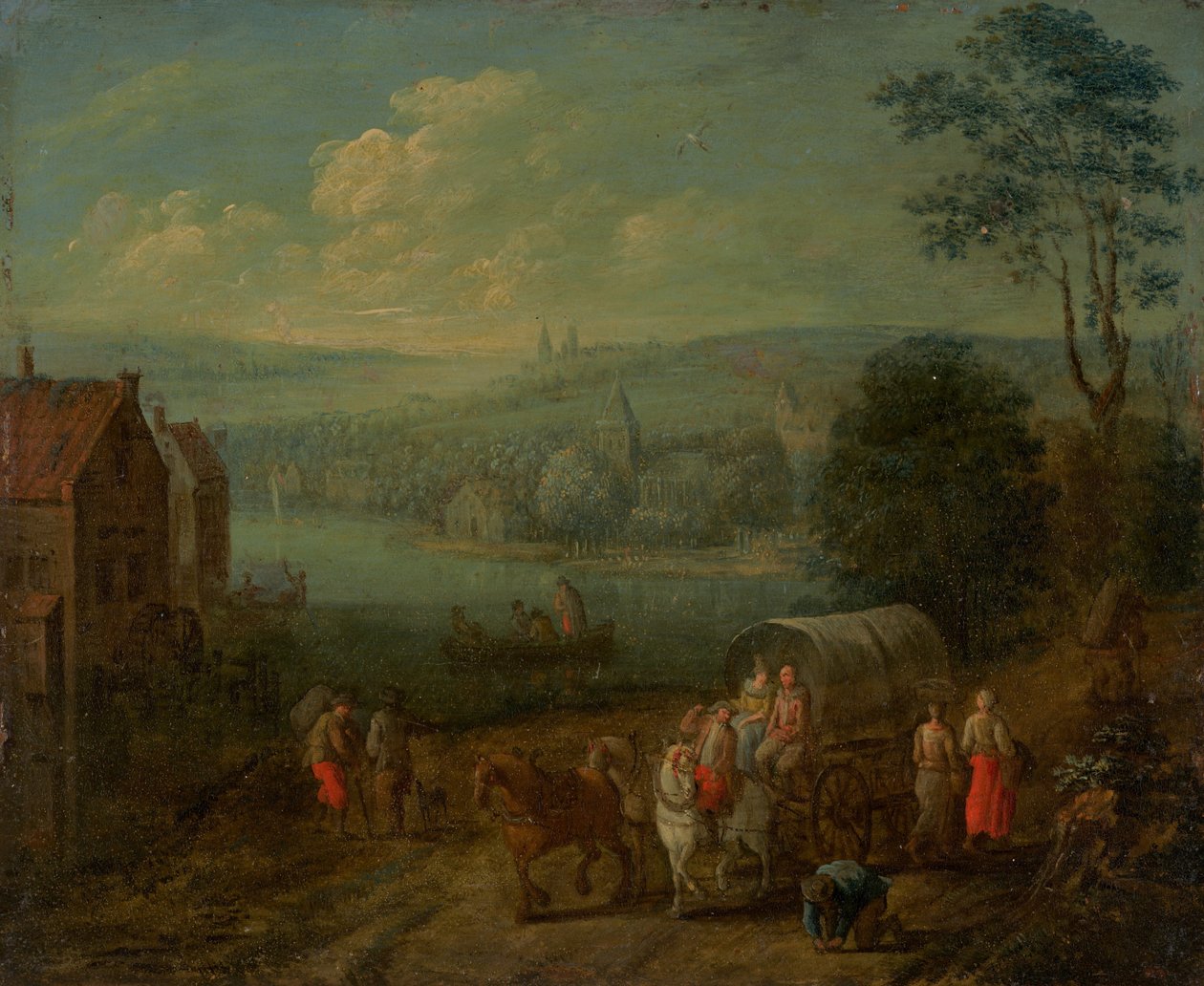 Flusslandschaft mit Dörfern und Reisenden [verso] von Follower of Peeter Gysels