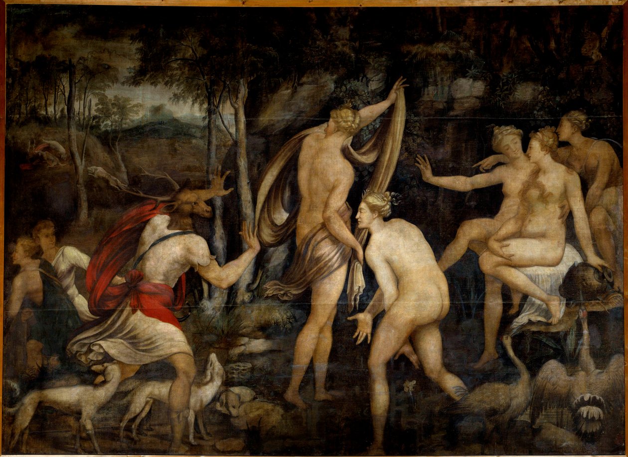 Diana (Artemis), Göttin der Jagd, und Aktäon, Jäger Gemälde der Schule von Fontainebleau (16. Jahrhundert) von Fontainebleau School