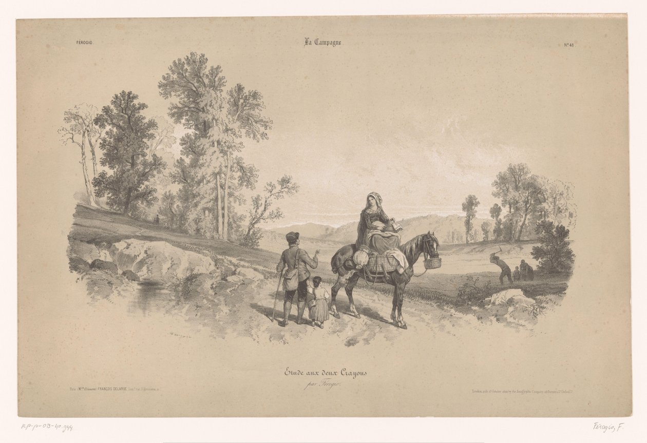 Frau auf einem Pferd mit Mann und Kind in einer Landschaft von Fortuné Ferogio