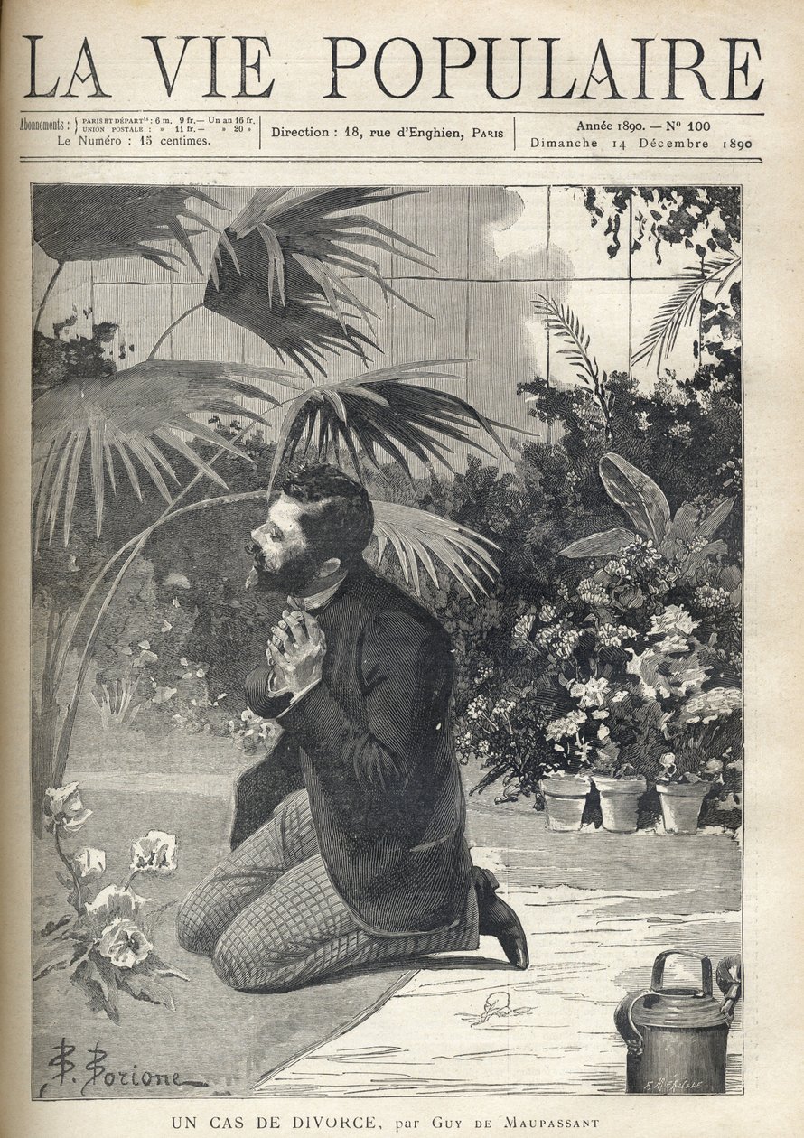 Ein verzweifelter Mann betet auf den Knien in einem Gewächshaus. Illustration von F. Meaulle nach B. Borione für 