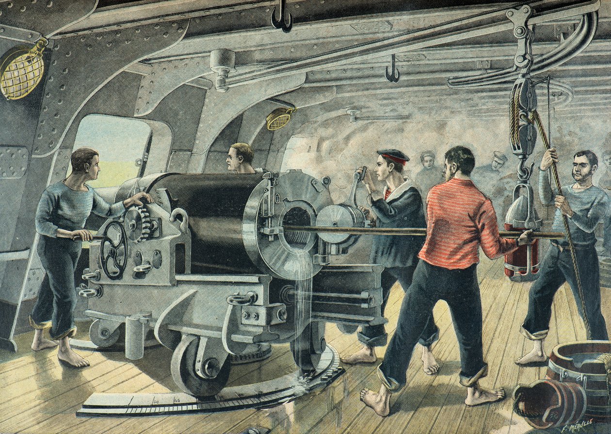 Eine Marinebatterie bombardiert Santiago de Cuba, Spanisch-Amerikanischer Krieg 1898 von Fortune Louis Meaulle