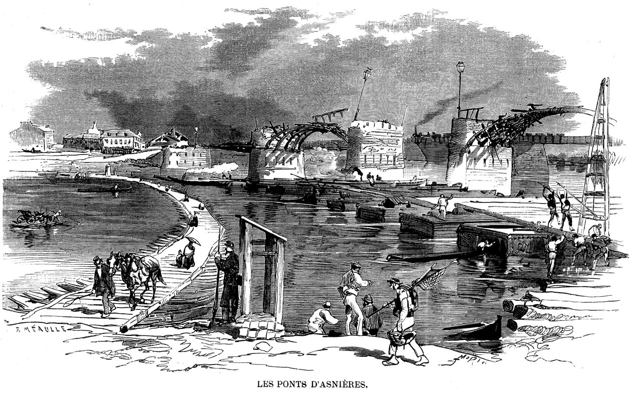 Nach dem Brand der Brücke von Asnieres während der Belagerung von Paris im Jahr 1870 wurde eine Bootsbrücke installiert - auf dieser Gravur von Meaulle (ca. 1870) eine weitere Holzstruktur neben der zerstörten Brücke - Kommune von Paris - von Fortune Louis Meaulle
